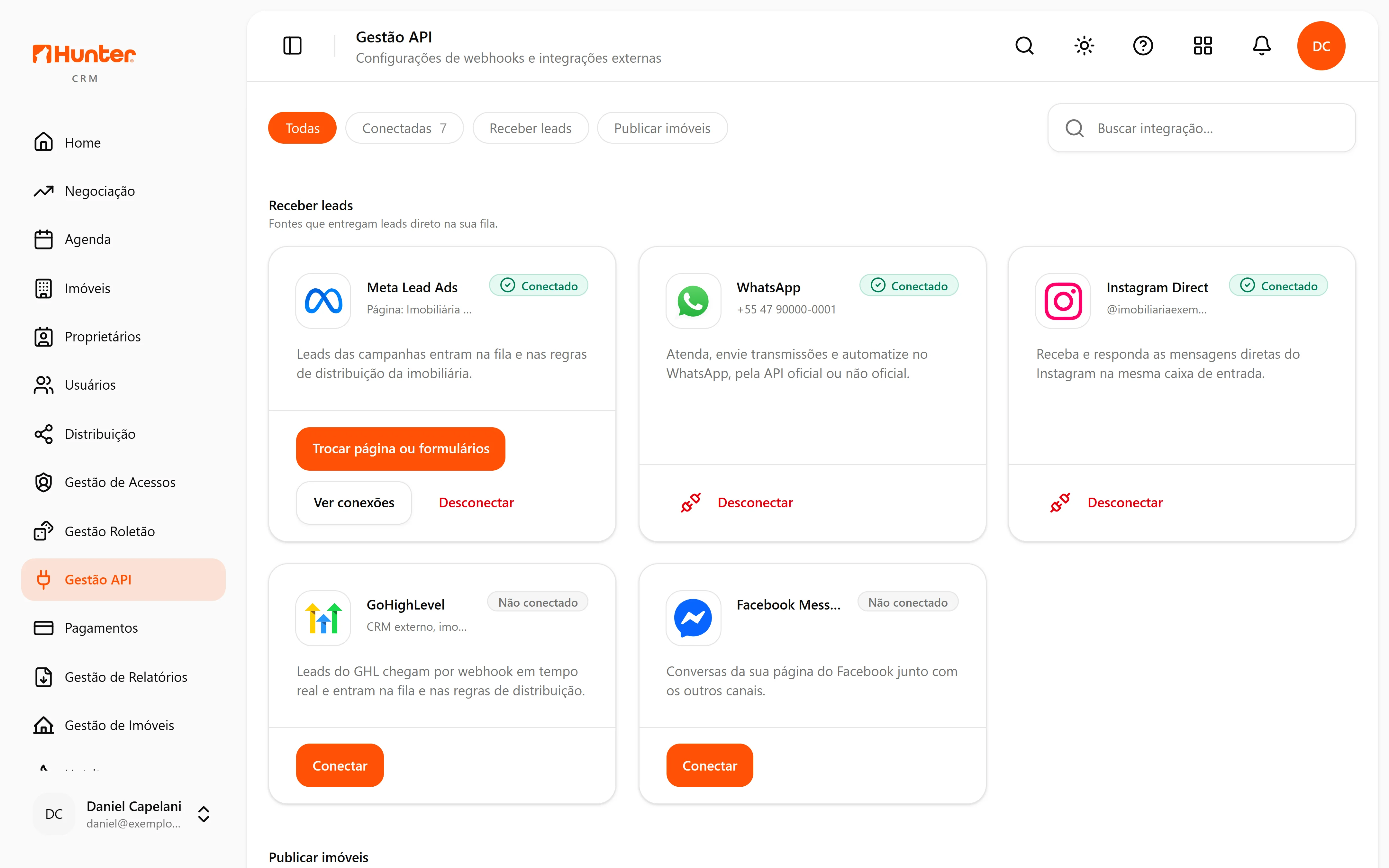Tela de integrações do Hunter CRM com Meta, WhatsApp e Instagram conectados para receber leads